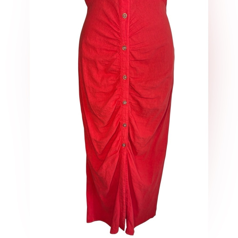 Zara cherry red sleeveless front button ruched linen blend midi dress sz M - Picture 9 of 15